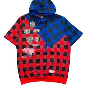 ENYCE Sean Combs Hoodie Sweatshirt Short Sleeve Blue Red Plaid SLIM Womens Large